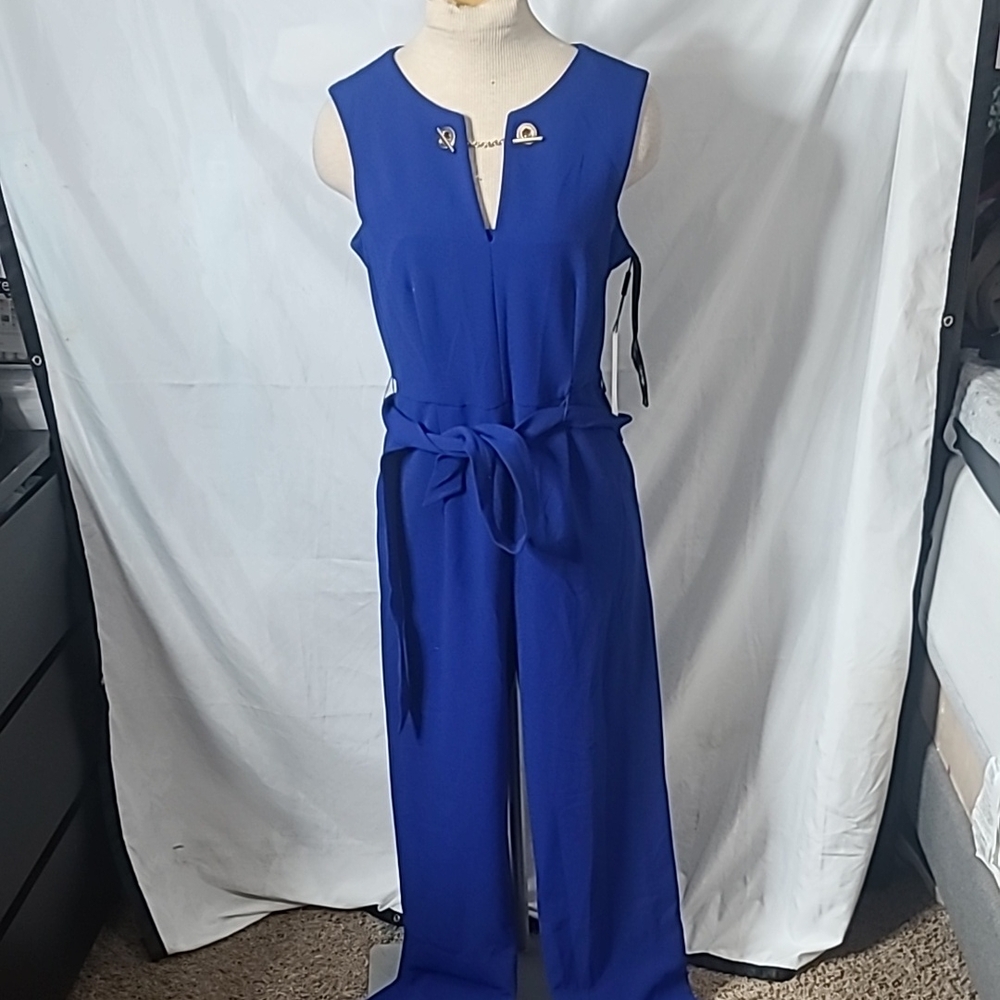 Calvin Klein Elegant Blue Sleeveless Jumpsuit with Wide-Leg Pants